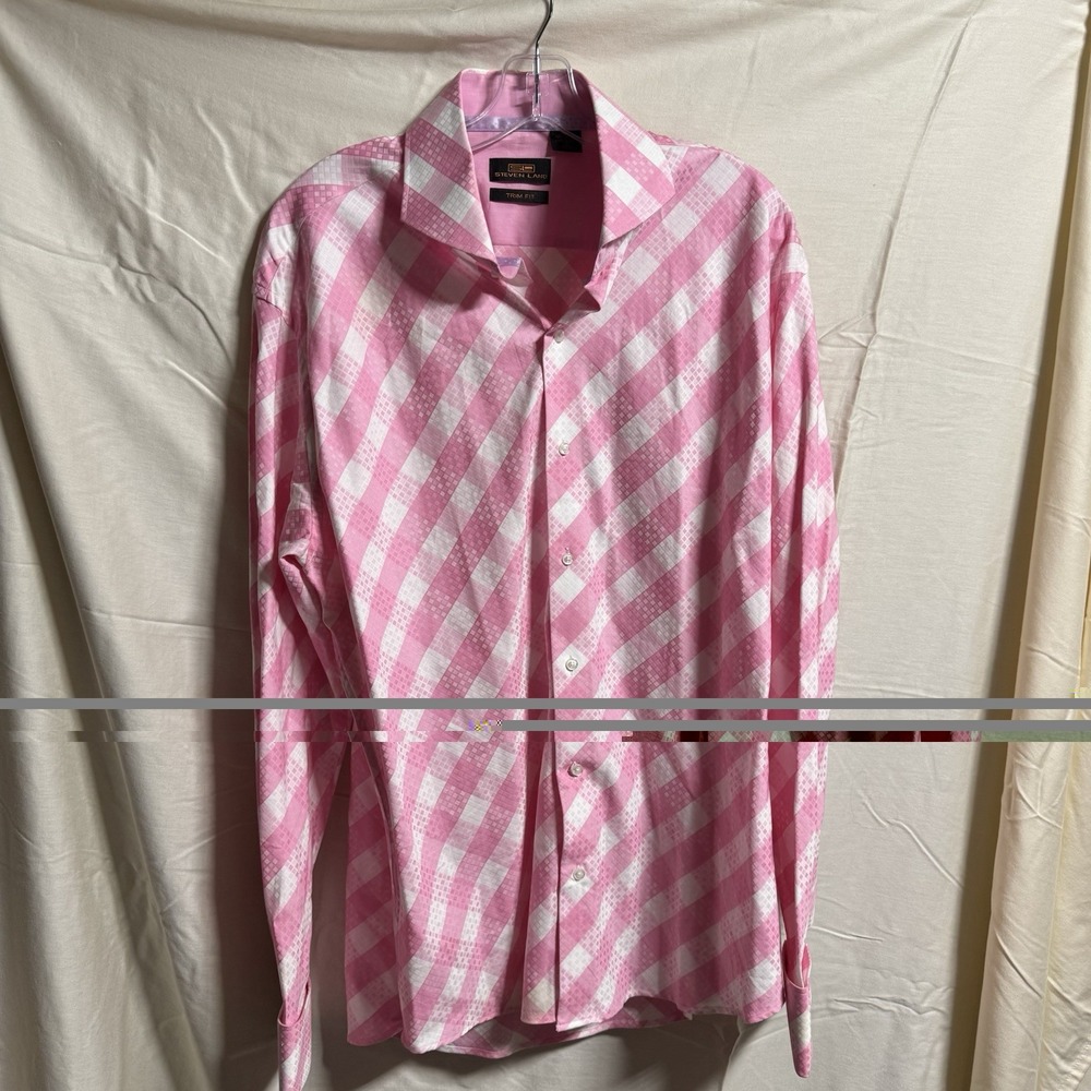 Steven Land  Mens 17 34/35 French Cuff Pink Geometric Button Up Trim Fit